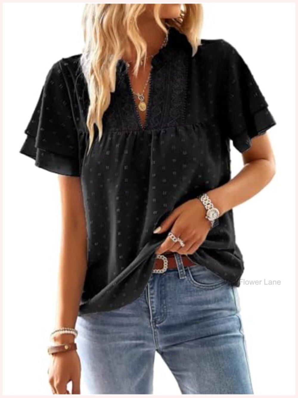 Flowy V-Neck Short Sleeve Blouse with Crochet Lace & Swiss Dots